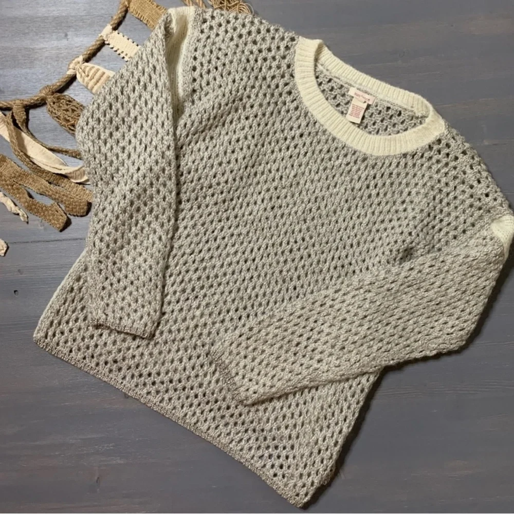 Sundance Metallic Open Knit Crewneck Sweater Silver Cream Chunky Mohair Medium